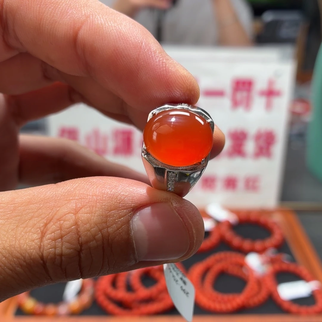 南红玛瑙单圈银S925镶嵌小庄冰红男戒