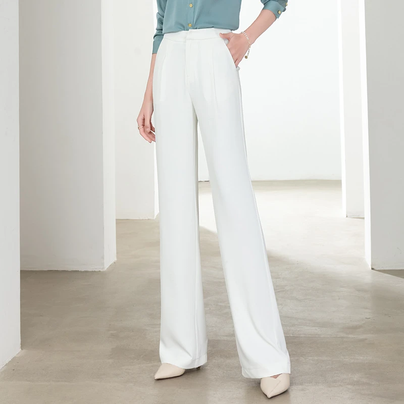 夏季新款白色高腰薄款阔腿长裤气质通勤宽松型显瘦冰丝爽滑拖地裤