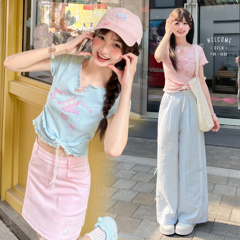 森女部落原创甜美风V领修身短袖少女设计感短款T恤2025夏季新款女