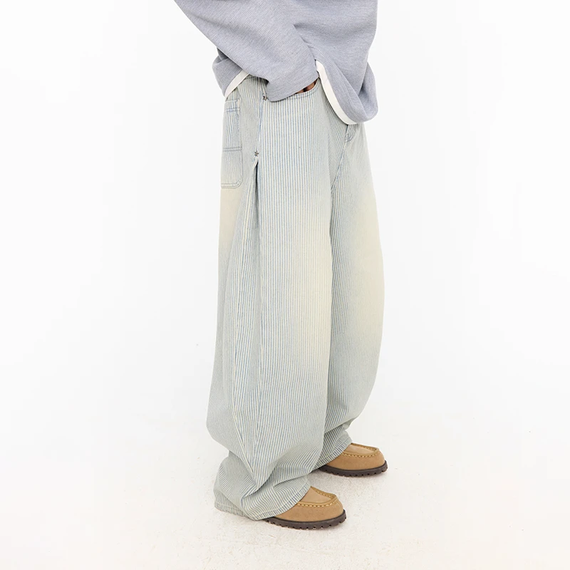 江南先生美式复古条纹撞钉开褶弯刀牛仔裤男女阔腿休闲裤JN51J17