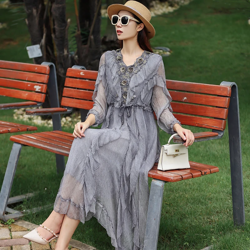 拜占庭的森林轻奢刺绣立体花优雅典雅气质真丝洋气桑蚕丝连衣裙女