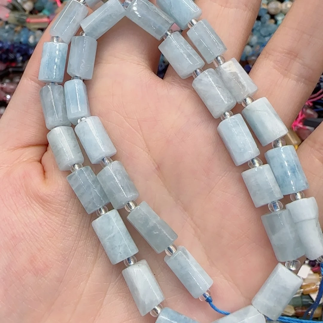 玛瑙/玉髓未镶嵌珠宝半成品海蓝宝手工管珠一条