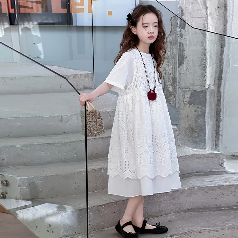 儿童2025年夏装大女童装裙子夏季短袖蕾丝连衣裙宽松显瘦款花苞裙