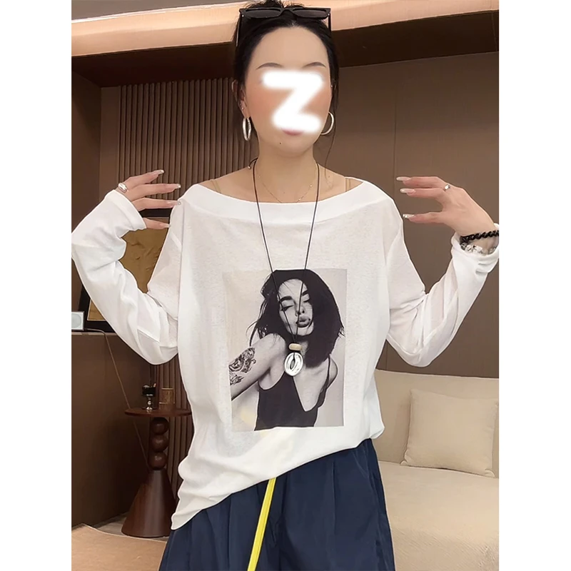 通勤简约印花一字领长袖T恤女夏季2025新款巨好看休闲防晒ins上衣