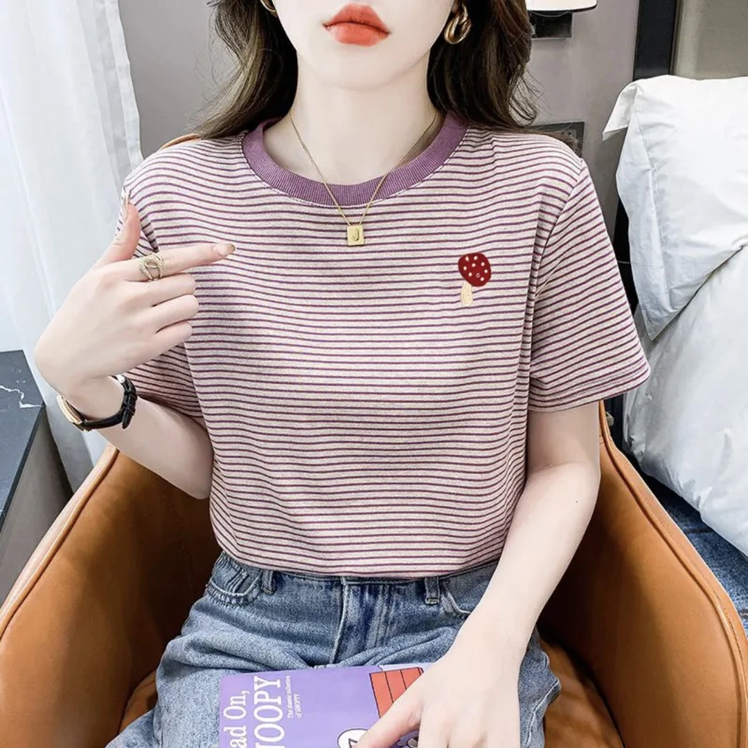 笑脸t恤刺绣棉质条纹显白通勤春夏季韩版宽松显瘦圆领T恤女士