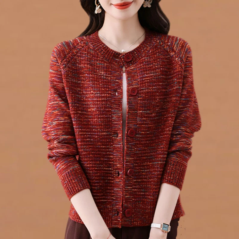 2025新款宽松针织衫毛衣女春秋外套洋气妈妈减龄宽松圆领长袖开衫