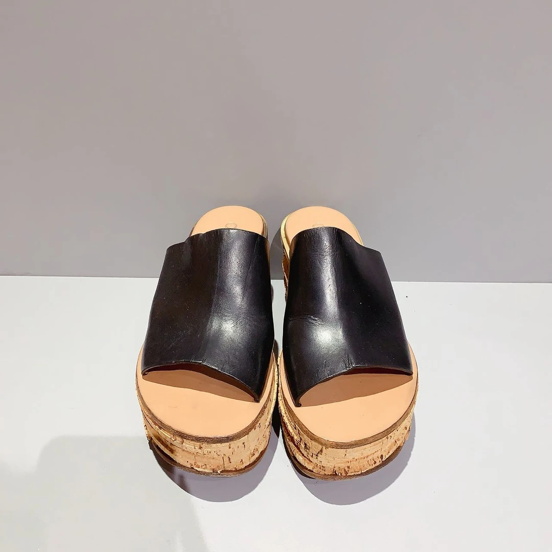 90新 Chloe/蔻依 蔚蓝/坡跟拖鞋厚底松糕凉鞋37.5码7cm