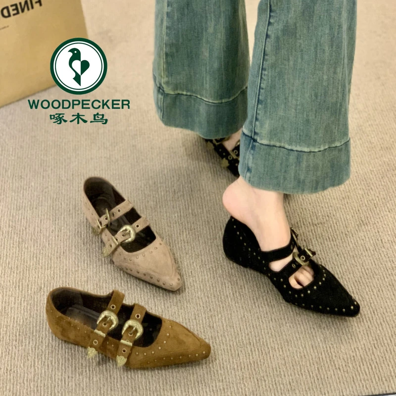 啄木鸟复古尖头浅口内增高单鞋女2025年新款法式晚晚风玛丽珍鞋子