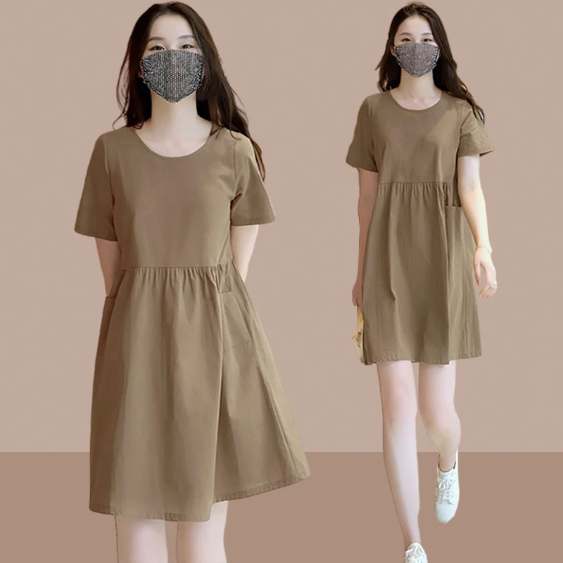 垂坠感连衣裙女夏2025新款网红爆款宽松大码遮肚子减龄小个子裙子