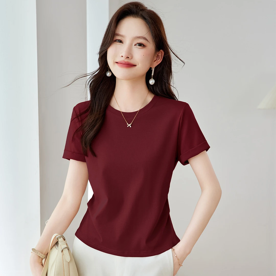 简约圆领显瘦短袖T恤2025爆款夏季新款女装压褶修腰洋气百搭上衣