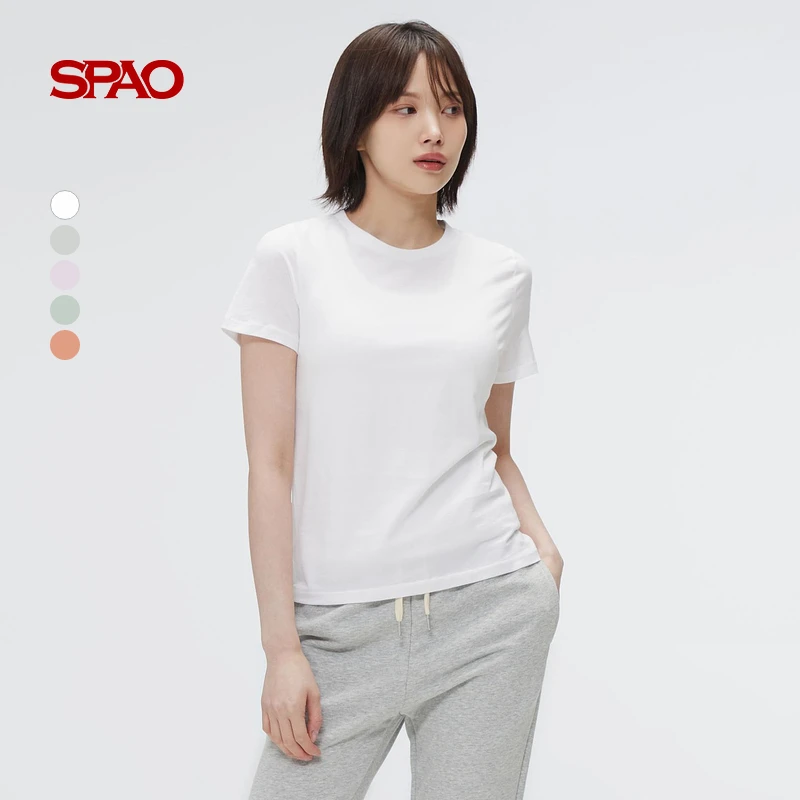 【商场同款新品】SPAO韩国同款2025年春季女士通勤休闲纯色短袖T恤