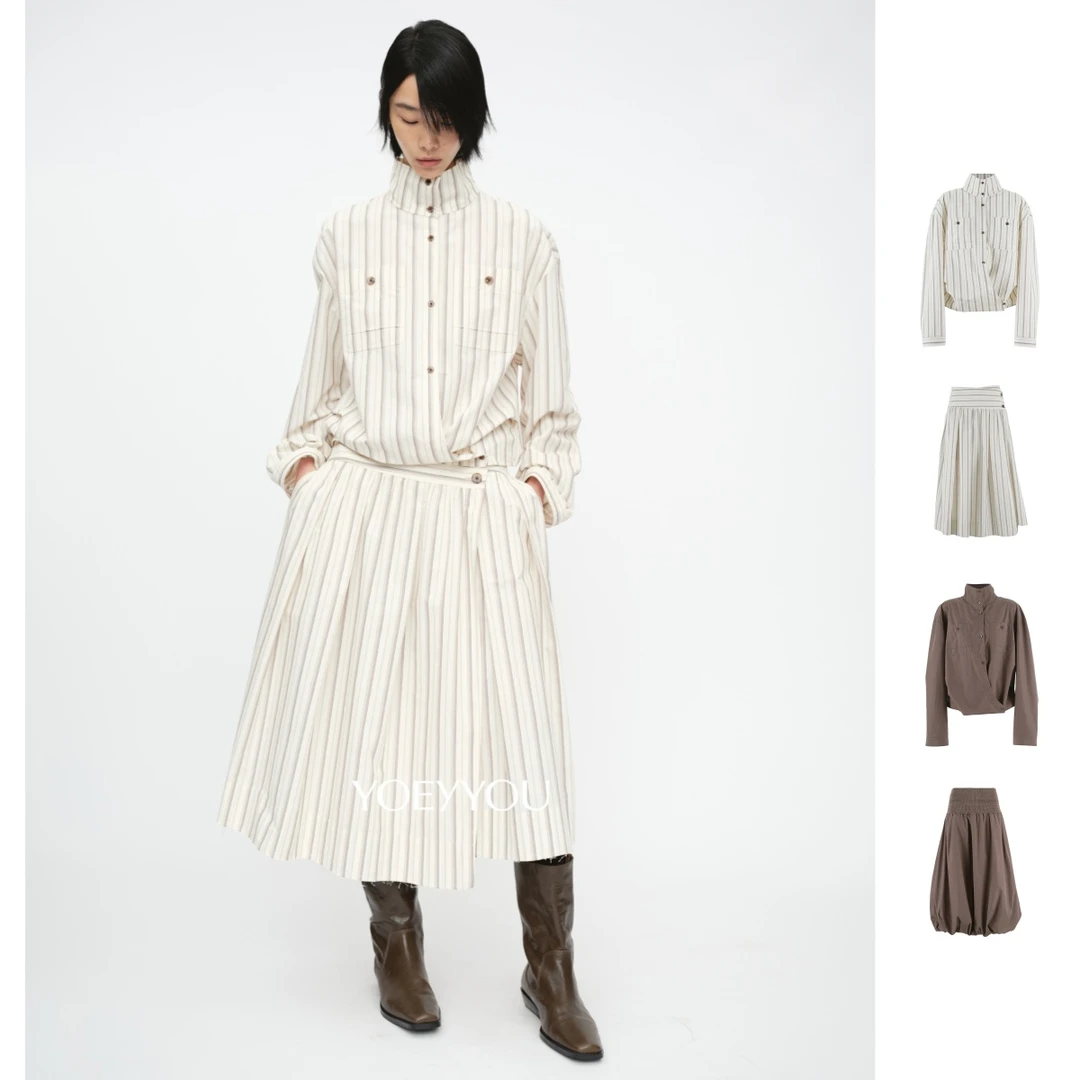 YOEYYOU  25秋季新品立领兜量衬衫/不对称打褶花苞裙/搭片半裙