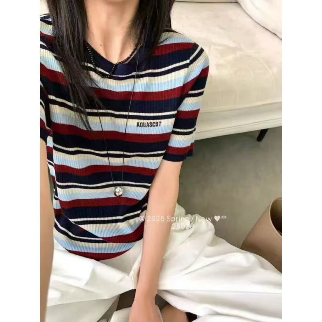 【蚕丝羊毛】2025春夏新款港式条纹正肩短袖女显瘦针织衫上衣薄款