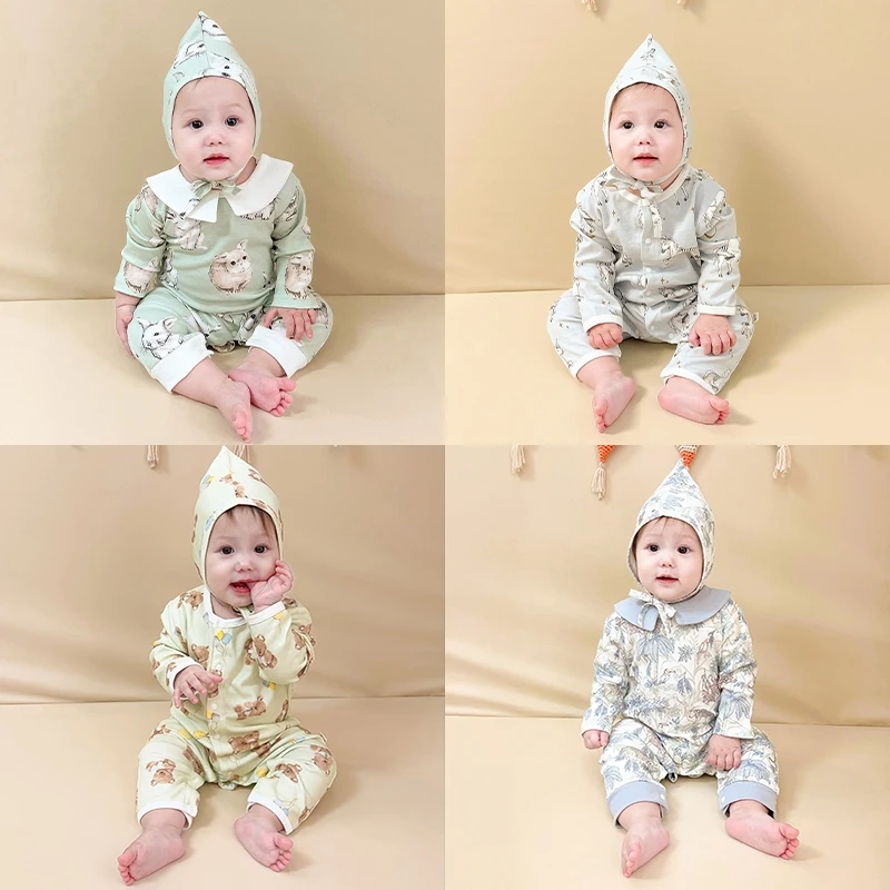 ins风纯棉印花婴儿连体衣长袖春秋款宝宝秋季哈衣爬服特价款