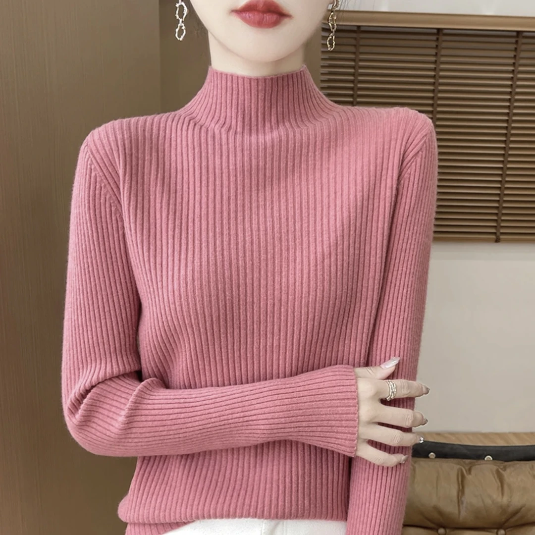 糖果色中高领毛领显瘦针织条纹打底衫