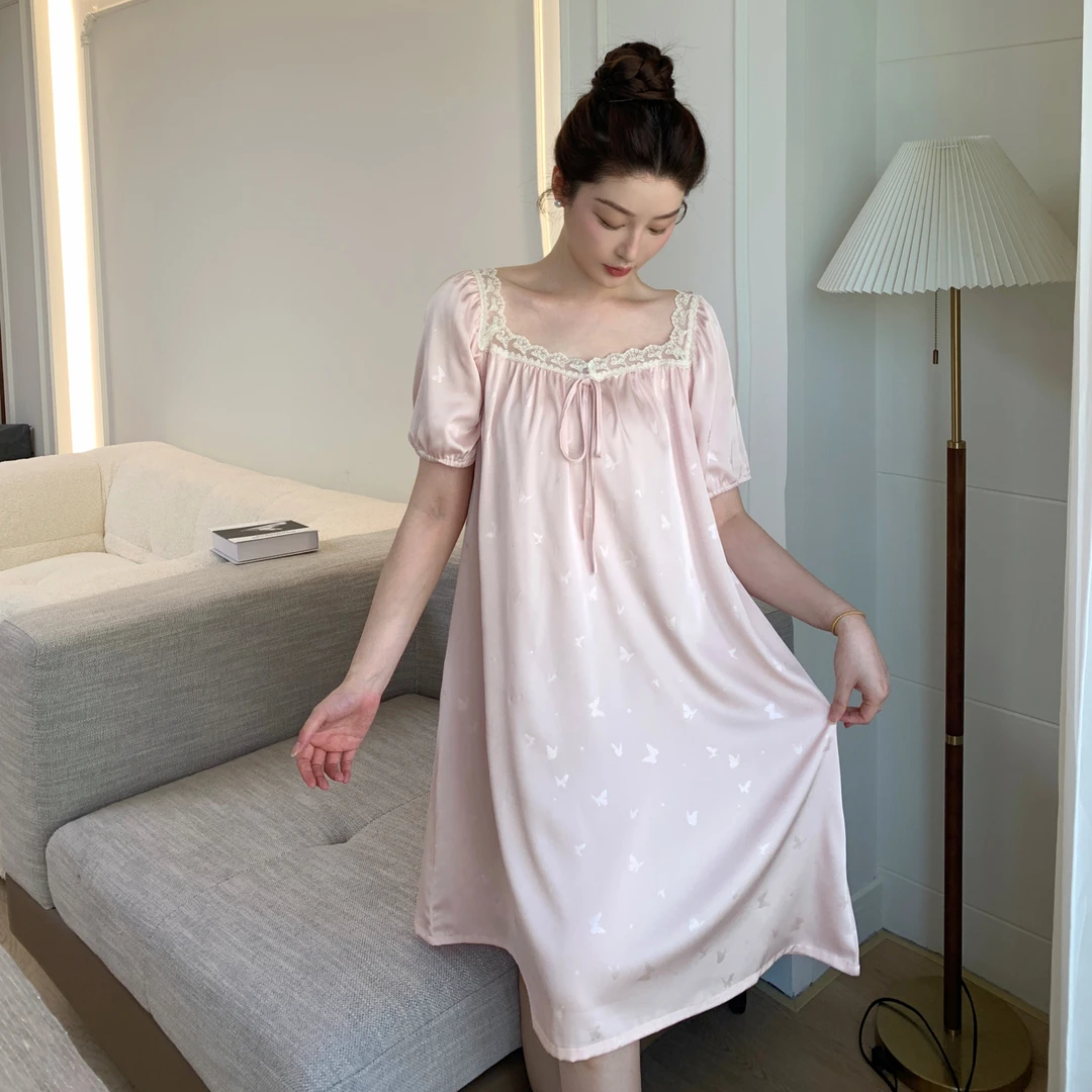 【蝶影】月光丝短袖睡裙带胸垫高腰显瘦夏季显高显白睡衣女