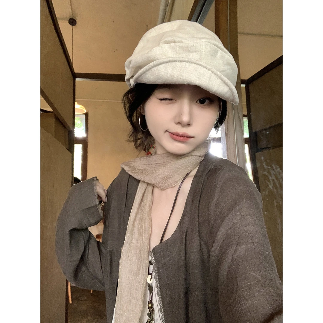 日系复古亚麻褶皱贝雷帽女显脸小新款大头围画家帽子女时尚报童帽
