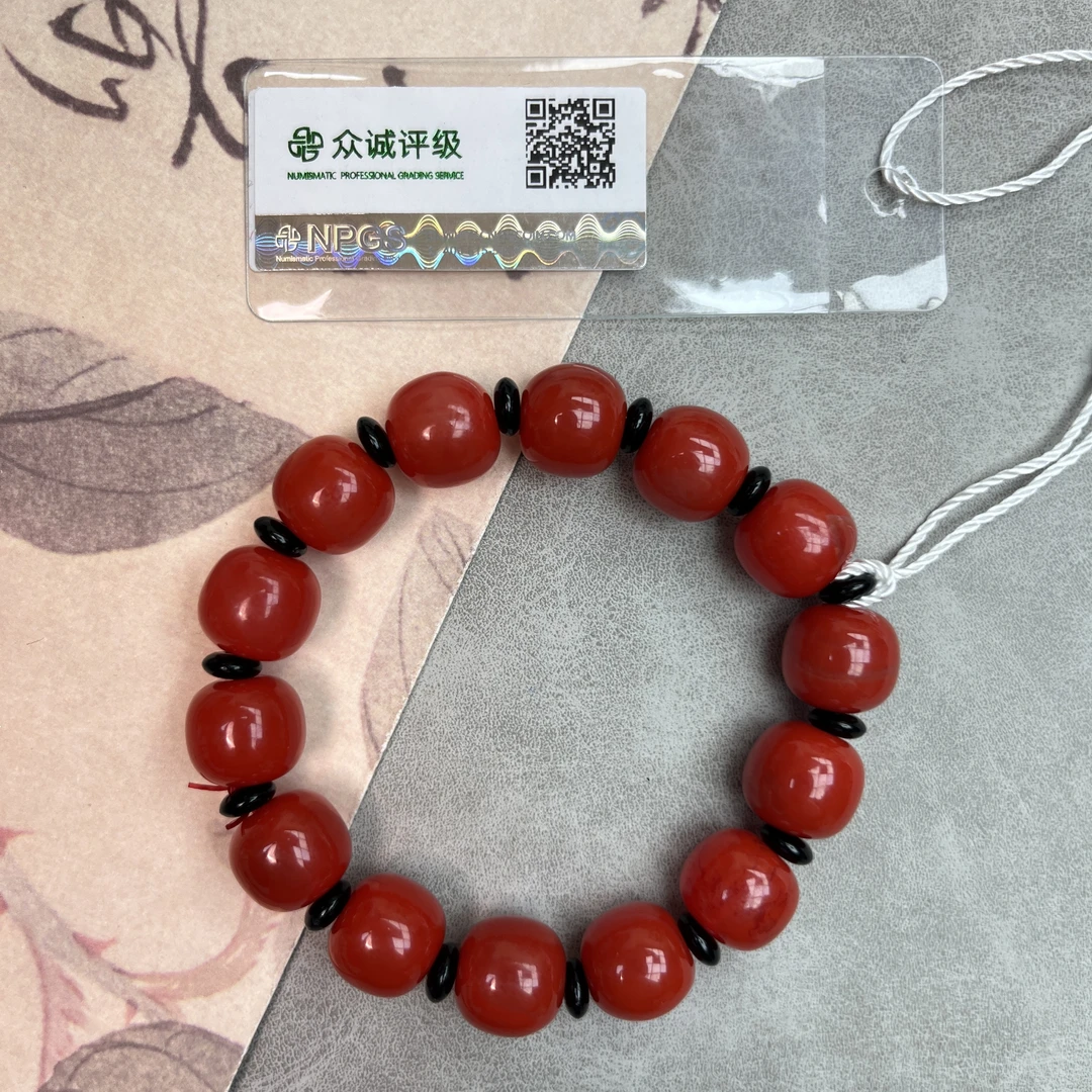 原矿南红 桶珠手串 卡12 亮面 带黒隔片 YZ0621［燕赵造物司］