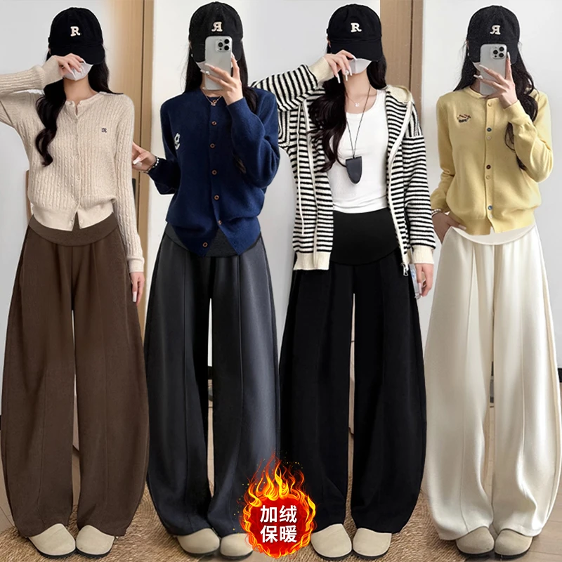 时髦孕妇秋冬季加绒灯芯绒新款显瘦糯米弯刀裤时尚高腰休闲阔腿裤