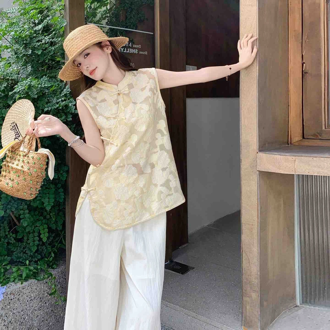 新中式黄色提花无袖旗袍上衣女2025新款时尚中国风夏季甜美优雅