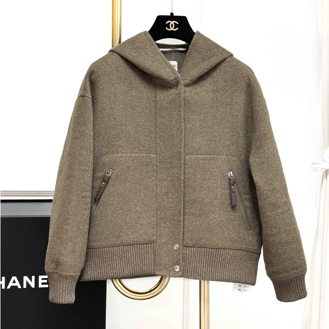 99新 Hermes/爱马仕 38码棕绿色山羊绒连帽夹克外套