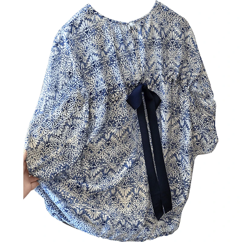 丝柏舍2025莱赛尔秋新时尚宽松蝴蝶结系带短款圆领衬衫S52B1899C