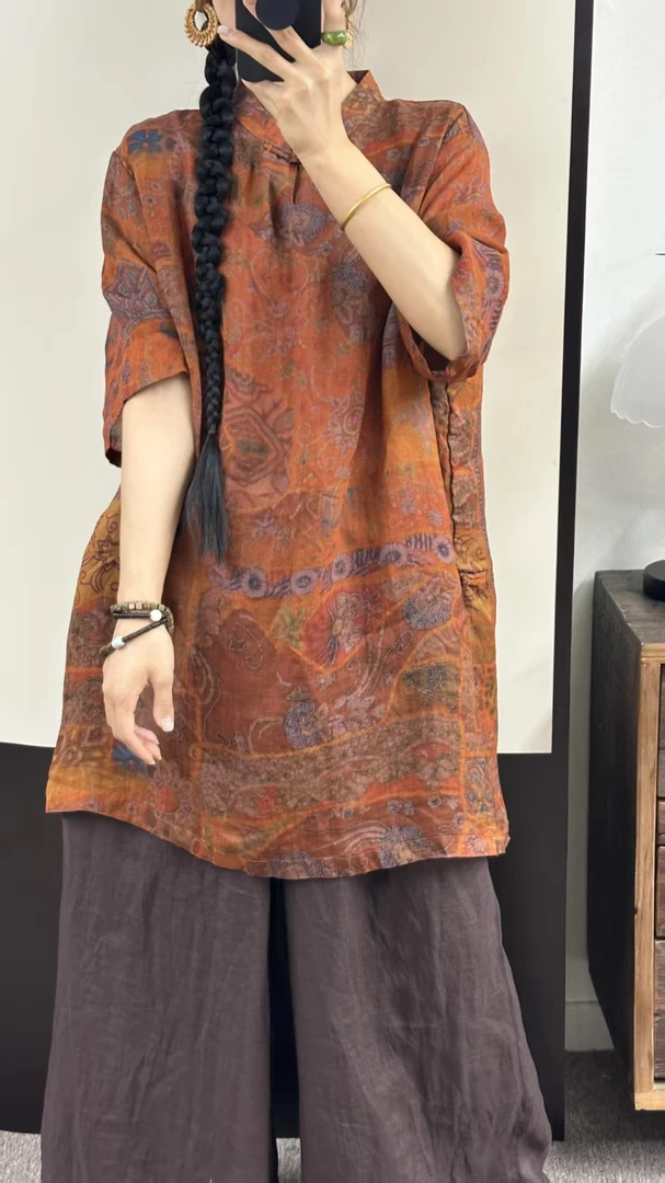 芬雅苎麻印花一粒珠扣洋气新国风立领旗袍裙衣长85肩宽48胸围130