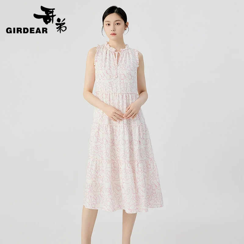 GIRDEAR/哥弟夏日甜美减龄木耳边无袖宽松长款印花连衣裙1500497