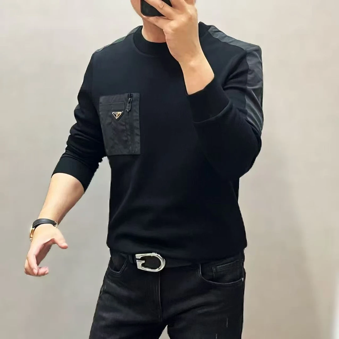 【欧陆男装】秋季新款高端男士轻奢倒三角标圆领套头长袖卫衣35735