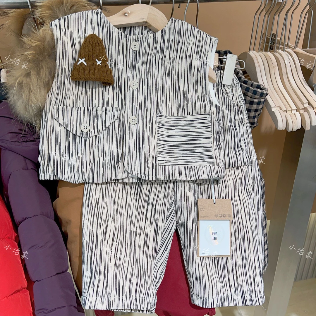 冷帽竖条纹儿童潮酷搭配加绒加厚保暖马甲套装H638