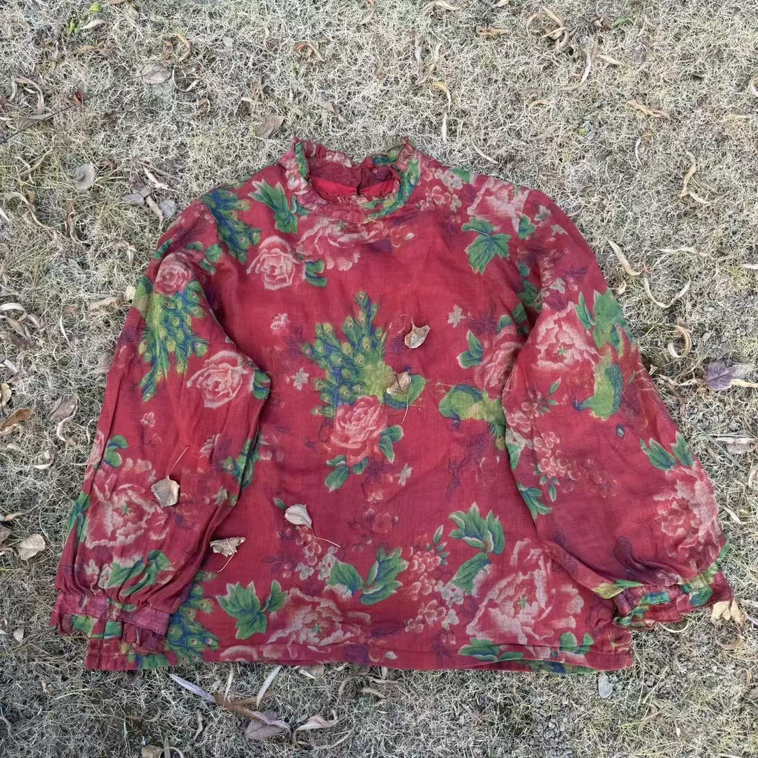 [香甜】春季印花苎麻双层木耳花边文艺宽松舒适减龄小衫【80-155】斤