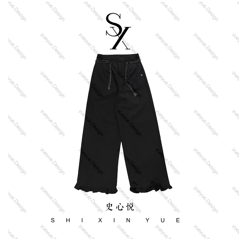 【悦悦专属】新款高腰木耳花边休闲直筒西装裤Y725