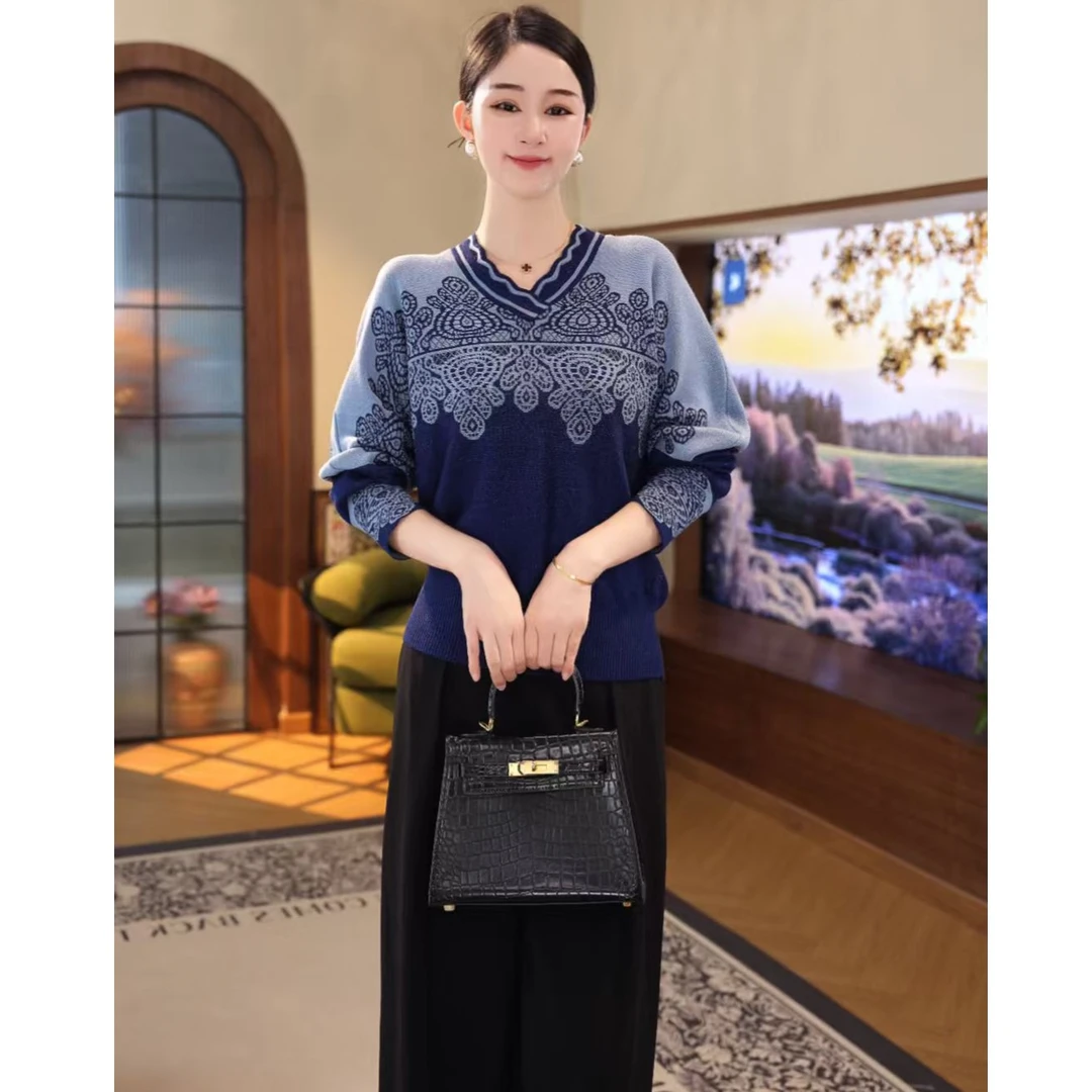 2025秋冬新款【Q-1202PY】含绵羊毛精致洋气蓝色V领长袖套头毛衣女