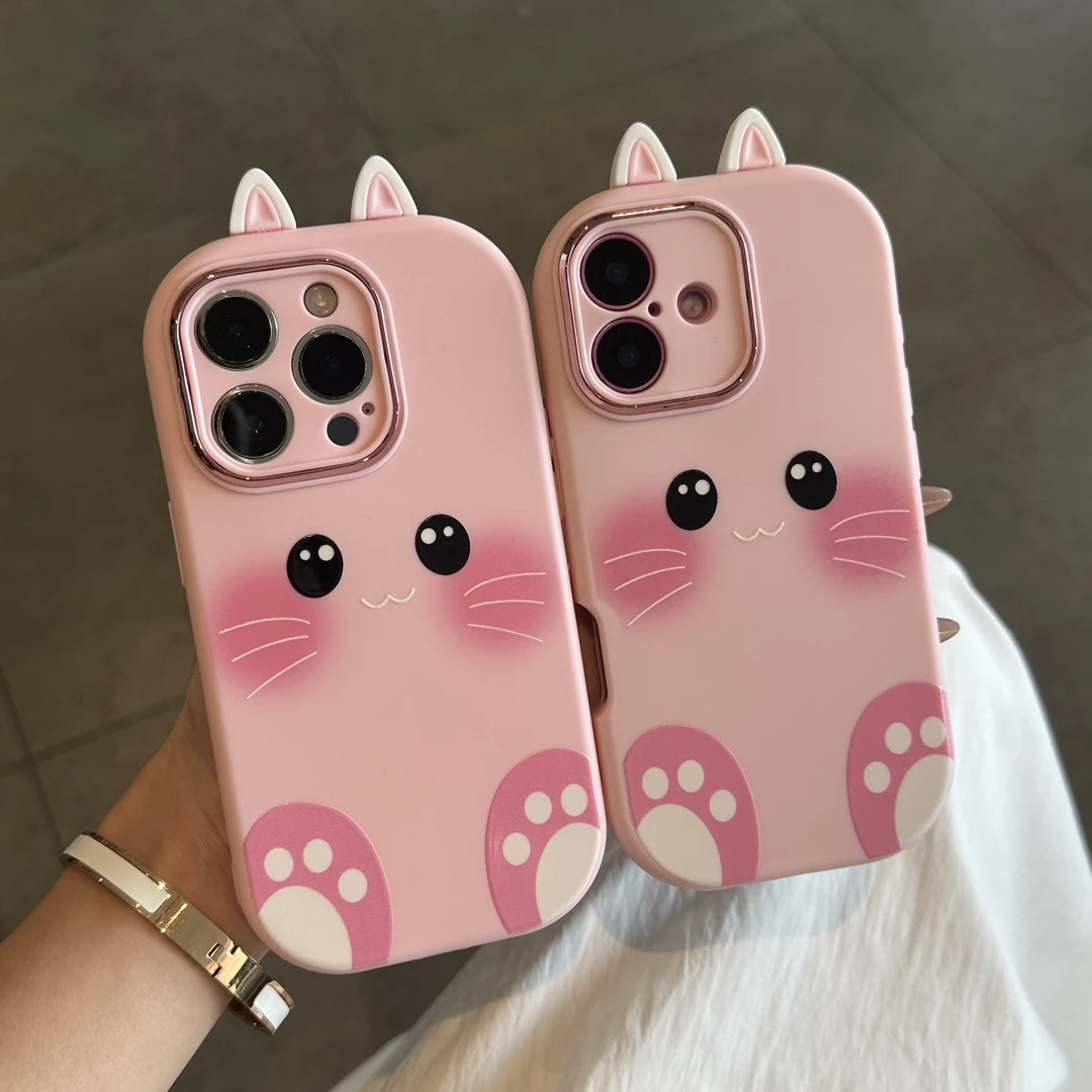 欧克里里粉猫猫表情兔耳适用苹果16/17手机壳华为P70vivo小米oppo
