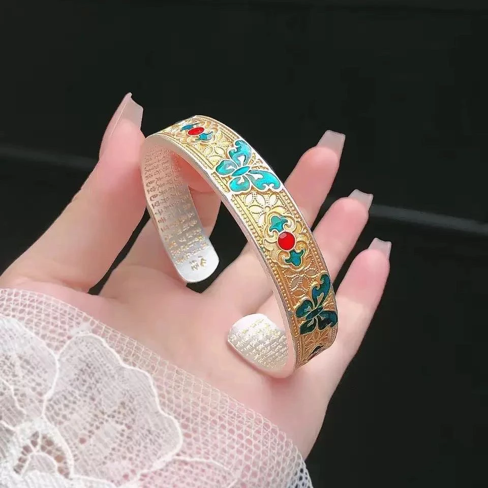 足银手镯 足银999.9宽版珐琅彩描金蝴蝶心经开口实心手镯SX071