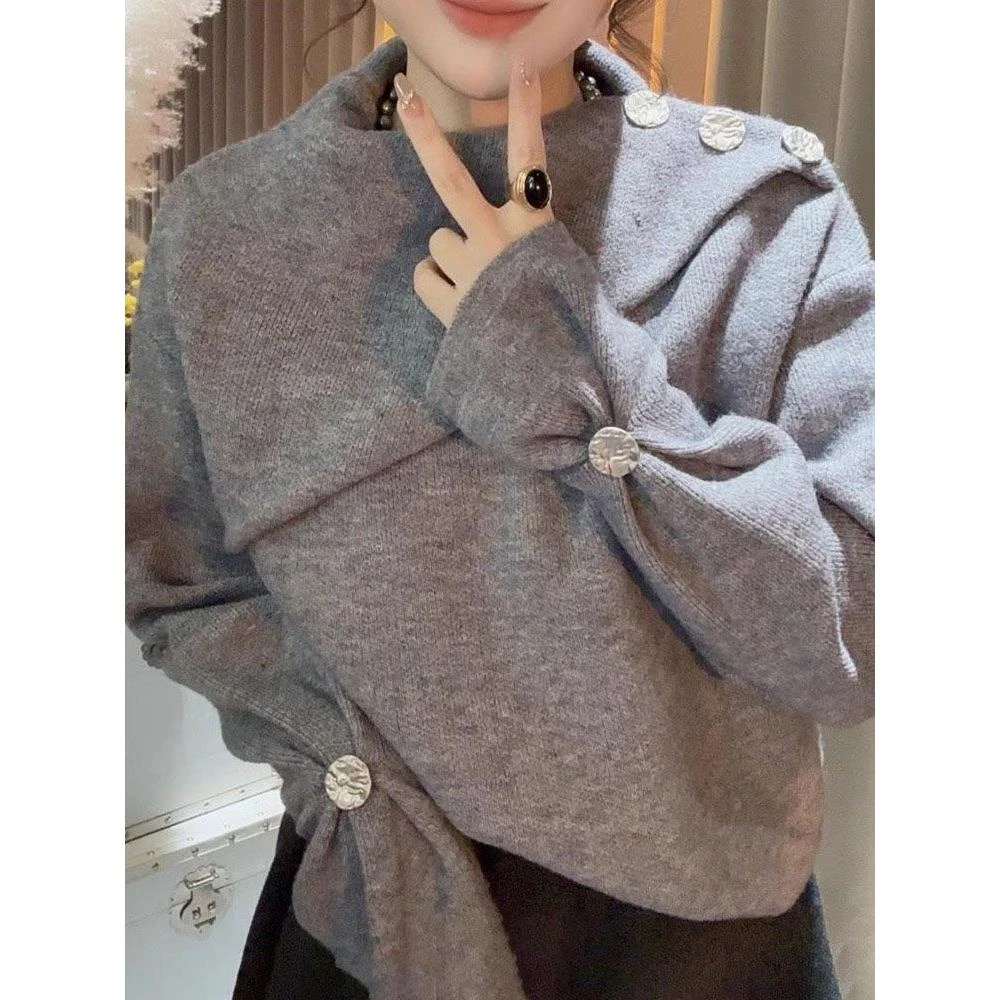 法式设计感不规则套头毛衣女春秋冬新款感百搭保暖针织上衣女