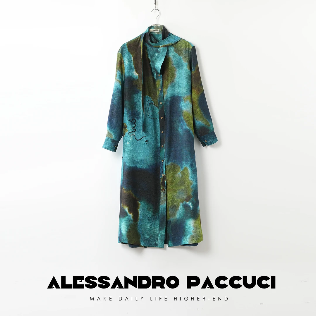 AP洛哥26834X【深海迷域】桑蚕丝撞色印花宽松飘带气质衬衫连衣裙