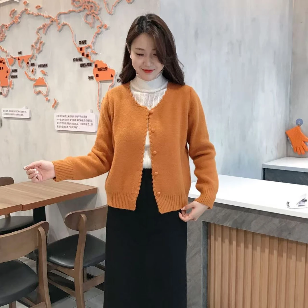 秋冬显瘦百搭毛针织衫纯色女圆领宽松花边开衫