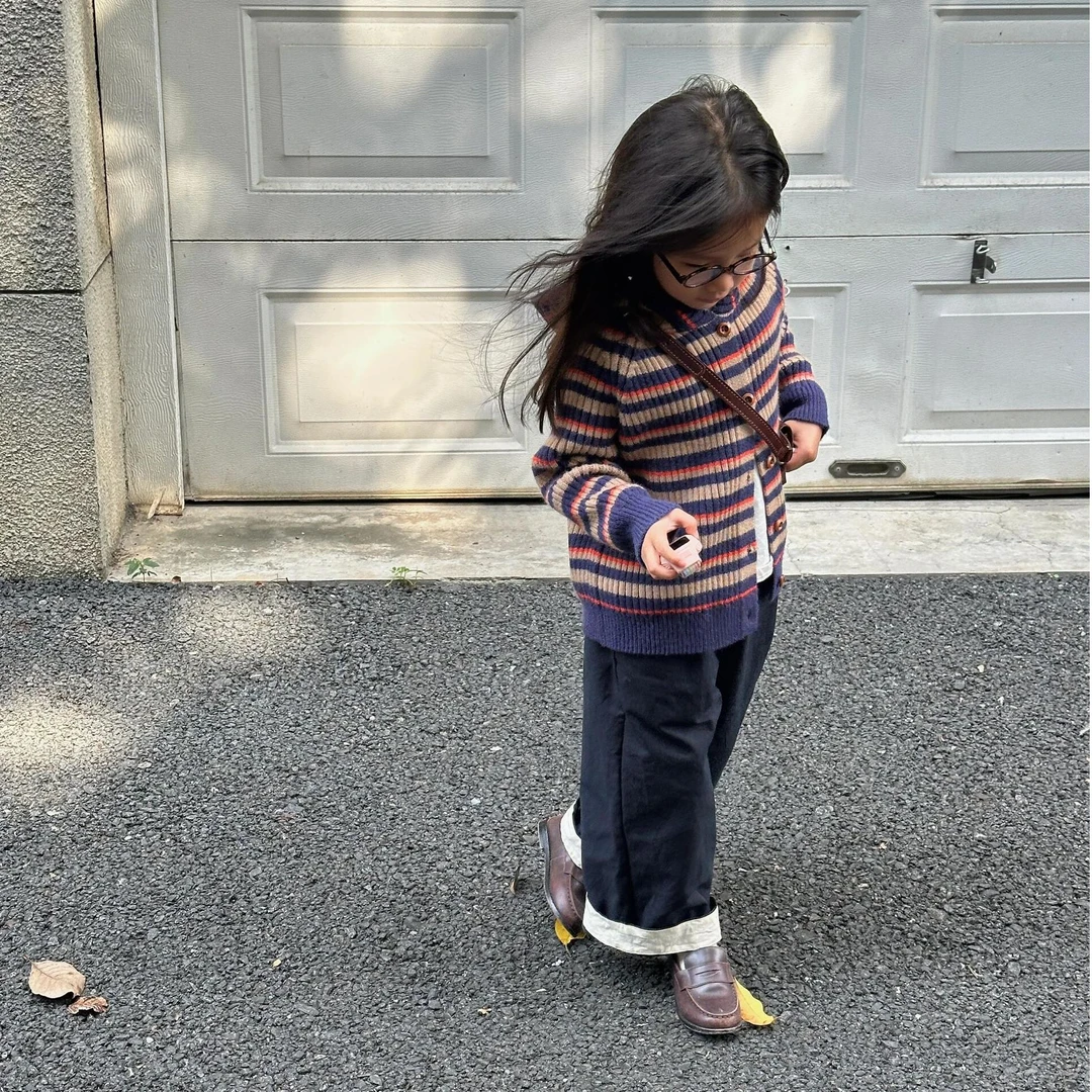 清仓福利2024秋季新款韩版女童条纹连帽针织外套搭拼色阔腿裤套装