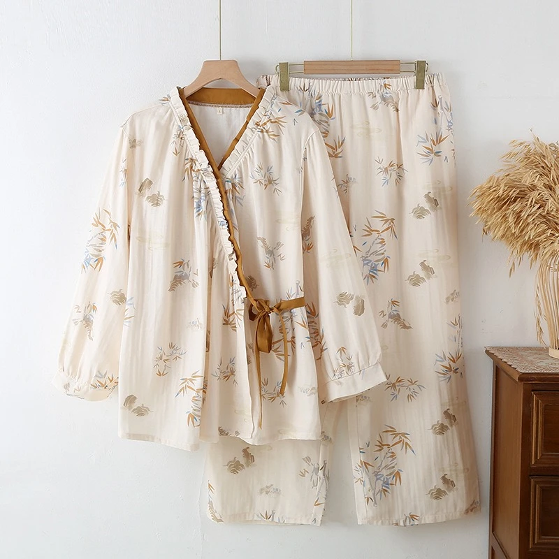 新款【竹梦】斜襟系带撞色芽边纯棉双层纱布睡衣可外穿家居服套装