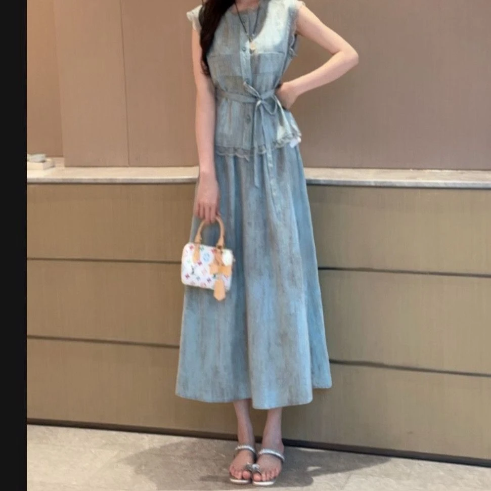 时尚套装女2025夏季中腰圆领无袖常规成人中长裙夏季阴阳师联名