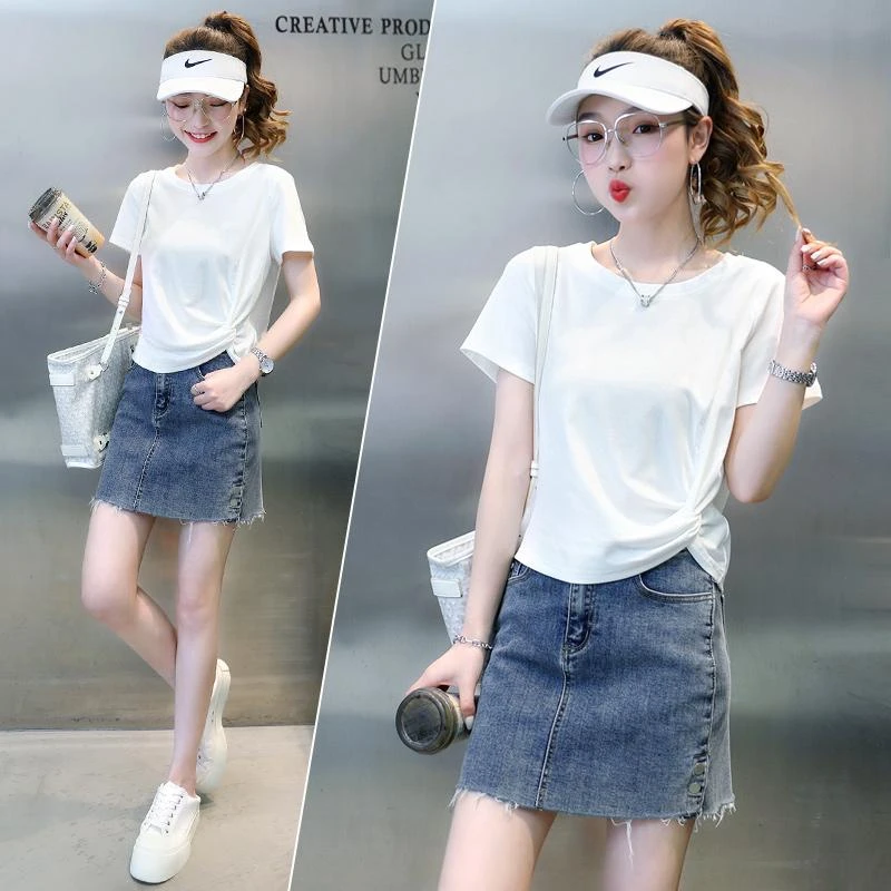 白色短袖T恤女装2025夏季新款短款修身不规则褶皱体恤设计感上衣