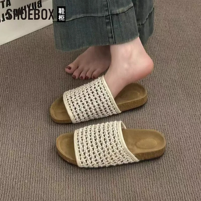 SHOEBOX鞋柜法式编织舒适外穿半拖鞋女鞋夏新款透气镂空休闲凉鞋
