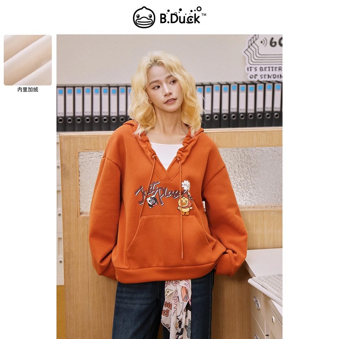 B.Duck小黄鸭怪诞奇想家系列2025年冬季新款南瓜橘抽绳连帽卫衣