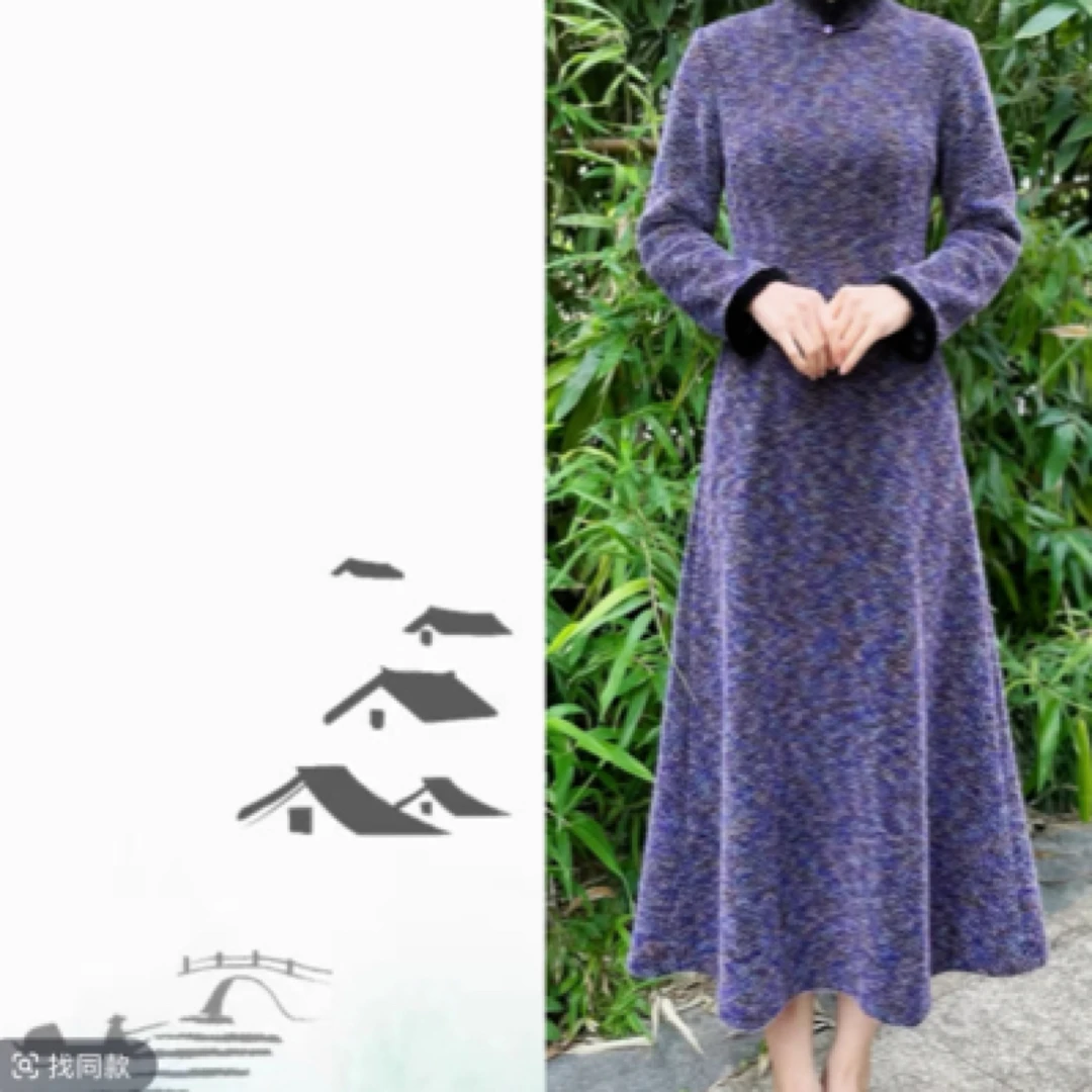 长袖断码特价七分袖日常旗袍显瘦提花紫色网红文艺圆领冬款加厚