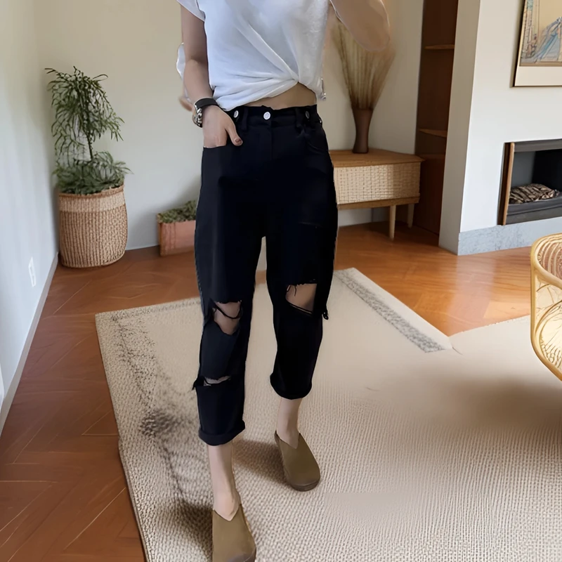 梨形身材微胖女生穿搭大码破洞牛仔裤子女秋季薄款弹力哈伦老爹裤