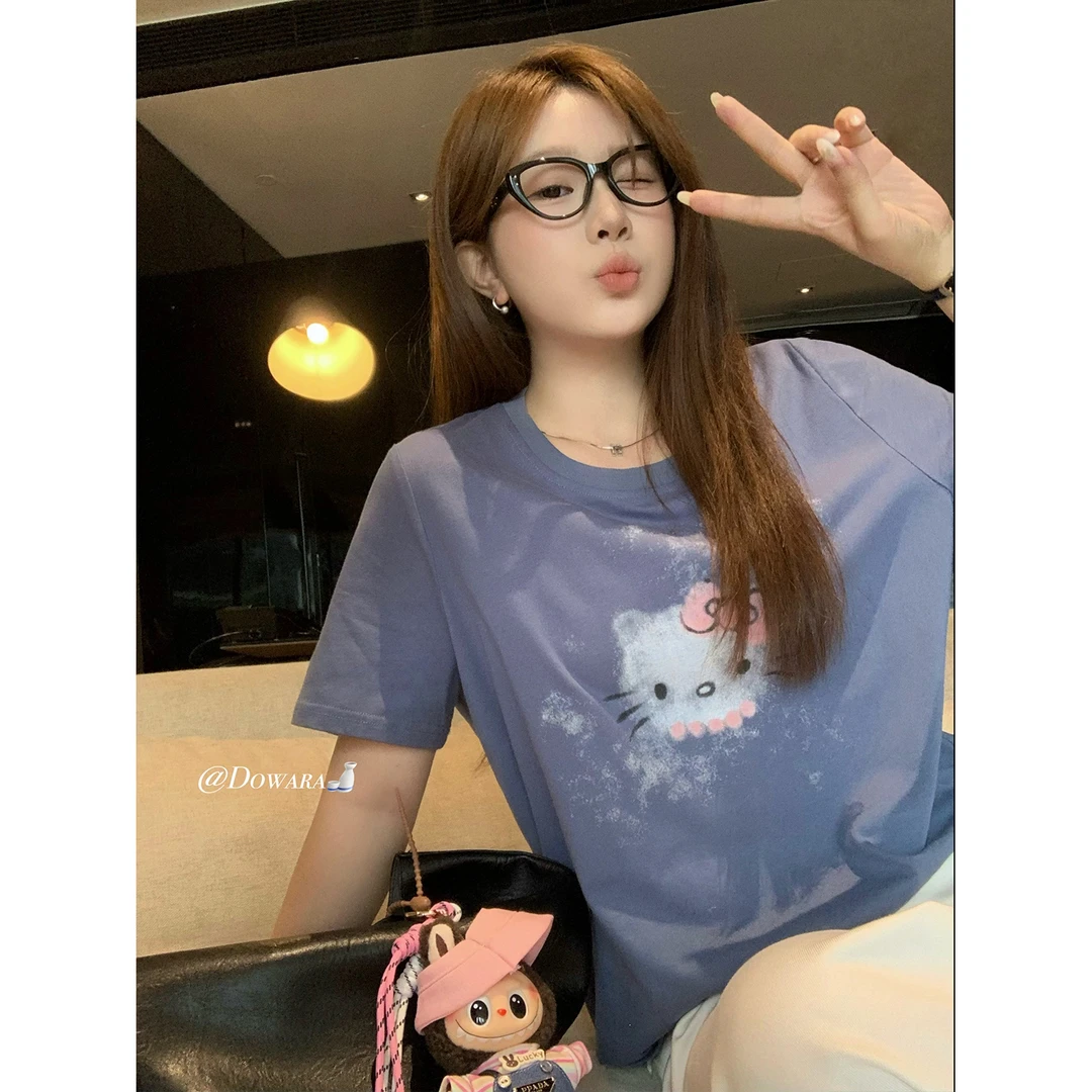 现货大婉酱微胖定制【雾面KT猫】纯棉高级感T恤女百搭圆领上衣9319D