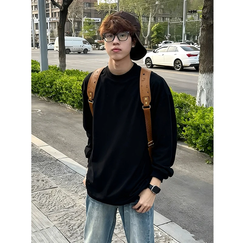 黑色美式卫衣男款秋季重磅cleanfit长袖t恤痞帅高级感内搭打底衫