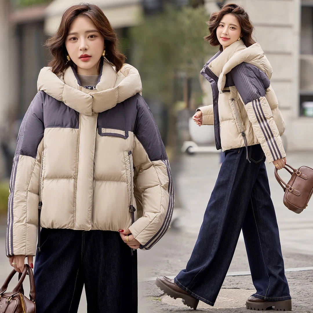 短款常规连帽短款撞色白鸭绒羽绒服外套2025女士冬季撞色时尚秋冬