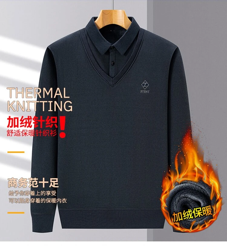 培蒙2025新款超柔绵羊毛加绒加厚保暖休闲男士假两件衬衫领毛衣